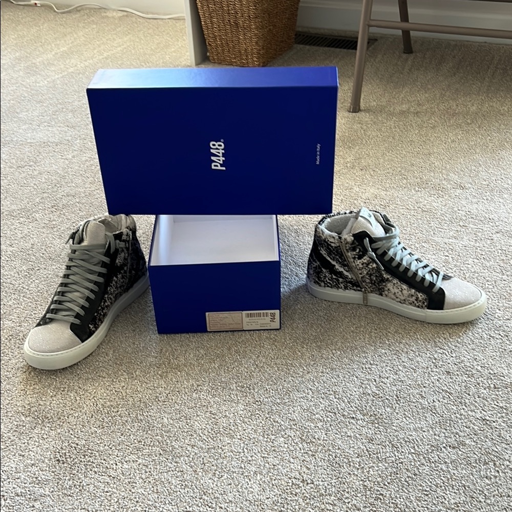 P448 Women’s Black and White Animal Printed High Tops size 39 -BRAND NEW IN BOX!
